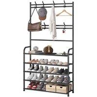 FORGEVIO Shoe Storage Rack with Coat Hooks Umbrella Holder in Black