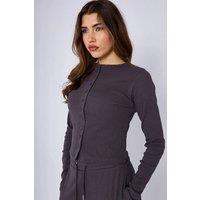 STYLEWISE Women's Ribbed Button Detail - Long Sleeve - Crop Top in Dark Grey | Size: S/M