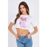 STYLEWISE Women's Teddy Graphic Glitter Detail Crew Neck Crop Top in White | Size: Small