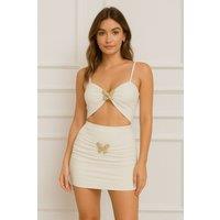 STYLEWISE Women's Butterfly Detail Bralet & Ruched Mini Skirt Co-ord - Slinky - Two Piece Set in Cream | Size: 8