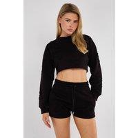 STYLEWISE Women's Cross Patch Cropped Sweatshirt & Shorts - Fleece - Co-ord Set in Black | Size: Medium