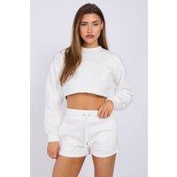 STYLEWISE Women's Cross Patch Cropped Sweatshirt & Shorts - Fleece - Co-ord Set in Cream | Size: Small