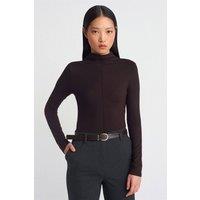 Dilvin Women's Ribbed Turtleneck Long-Sleeve Blouse in Chocolate | Size: Medium