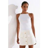 Dilvin Women's Slim Fit Halter Knit Blouse With Bow Detail in White