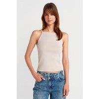 Dilvin Women's Slim Fit Halter Knit Blouse With Bow Detail in Stone