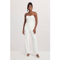 MissPap Women's Ruched Bandeau Jumpsuit in Ivory | Size: 14