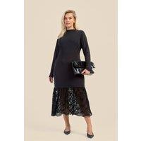 FASHION-SZN Women's Curve Long Sleeve Drop Hem Dress With Lace in Black | Size: 24