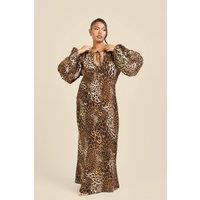 FASHION-SZN Women's Curve Satin Statement Sleeve Leopard Print Maxi Dress in Brown | Size: 18