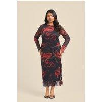 FASHION-SZN Women's Curve Rose Print Ruffle Hem Mesh Midi Dress in Black | Size: 14