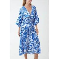 HOXTON GAL Women's Oversized V Neck Detailed Floral Print Midi Dress in Bright Blue
