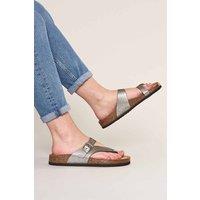 Moshulu Women's Wilma Metallic' Toe-Post Cork Footbed Sandals in Metallic Silver | Size: 6.5