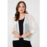 Izabel London Women's Chevron Texture Mesh 1/2 Sleeve Cardigan in White | Size: Medium