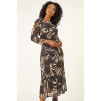 Roman Women's Petite Animal Print Mesh Ruched Midi Dress in Brown | Size: 8