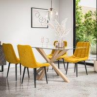 More4Homes Etta Glass Dining Table & Chairs - Glass Top w Solid Oak Legs + Nova Velvet Dining Chair Set Of 6 in Mustard