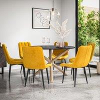 More4Homes Malvern Round Dining Table & Chairs - Black Table Top w Solid Oak Legs + Nova Velvet Dining Chair Set Of 6 in Mustard