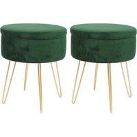 Harbour Housewares Round Velvet Storage Footstools - H45 x D36cm - Gold Legs - Pack of 2 in Green