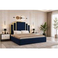 SOFT SNOOZE BEDS Luxury Gold Trim Upholstered Bed Designer Tufted Headboard & Ottoman in Dark Blue | Size: Double