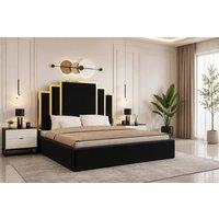 SOFT SNOOZE BEDS Luxury Gold Trim Upholstered Bed Designer Tufted Headboard & Ottoman in Black | Size: Small Double