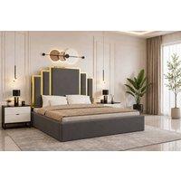 SOFT SNOOZE BEDS Luxury Gold Trim Upholstered Bed Designer Tufted Headboard & Ottoman in Dark Grey | Size: Double
