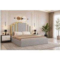 SOFT SNOOZE BEDS Luxury Gold Trim Upholstered Bed Designer Tufted Headboard & Ottoman in Silver | Size: Double