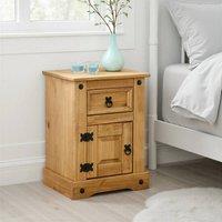 FORGEVIO Rustic Mexican Waxed Pine Bedside Table 1 Door 1 Drawer Compact in Beige