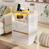FORGEVIO Bedside Tables White High Gloss LED Cabinets Modern