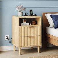 FORGEVIO Modern 2 Drawers Bedside Table with Power Supply in Natural