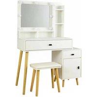 FORGEVIO Dressing Table Vanity Makeup Desk Lighted Mirror Cushioned Stool in White