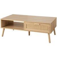 FORGEVIO Coffee Table Rattan Front Drawer Open Shelf Solid Wooden Legs Home in Brown