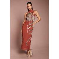 Coast Women's Halterneck Embellished Fringe Midi Dress in Bronze | Size: 10