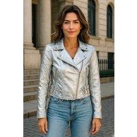 Infinity Leather Women's Cropped Brando Leather Biker Jacket-Durban in Silver | Size: 12
