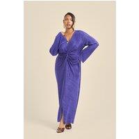FASHION-SZN Women's Curve Twist Front Flare Sleeve Plisse Midaxi Dress in Purple | Size: 16