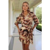 AX Paris Women's Brown Smudge Print Tie Waist Wrap Shirt Mini Dress | Size: 8
