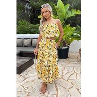 AX Paris Women's Cream Lemon Print Tiered Midi Skirt | Size: 16