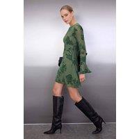 WOVCOR Women's Floral Flocked Sheer Mini Dress in Khaki | Size: XS