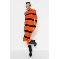 WOVCOR Women's High Neck Striped Ribbed Long Sleeve Midi Knit Dress in Orange | Size: Small