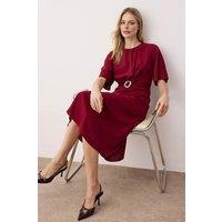 WOVCOR Women's Belted Midi Dress with Ring Detail in Burgundy | Size: 12