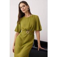 WOVCOR Women's Belted Midi Dress with Ring Detail in Green | Size: 12