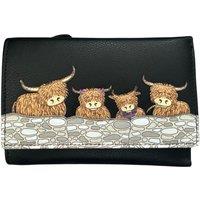 Mala leather Women's Highland Cow Leather Large Trifold RFID Purse in Black