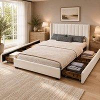 STILVORA 4ft6 Double Upholstered Bed with Storage & Drawers in Beige