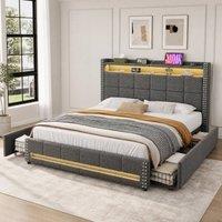 STILVORA 4ft6 Double Upholstered Storage Bed with LED & Charging Ports in Grey