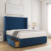 BSSPOKE Ruby Divan Bed Plush Velvet 54Headboard 2Drawers Footend No Mattress in Blue | Size: Double