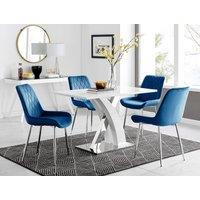 FurnitureboxUK Atlanta White High Gloss & Chrome 4 Seater Dining Table with X Shaped Legs & 4 Soft Velvet Pesaro Chairs in Navy