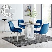 FurnitureboxUK Giovani Round 4 Seat 100cm White High Gloss Halo Base Grey Glass Top Dining Table 4 Soft Velvet Silver Leg Pesaro Chairs in Navy