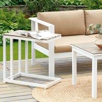 Wyld and Coco Garden Side Table Light Plastic Wood Top White Powder Coat Aluminium in Brown