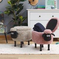 Wyld and Coco Pink Sheep Faux Fur Footstool Lift Up Storage Black Rubberwood Legs