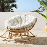 Wyld and Coco Rocking Chair Handwoven Natural Rattan Beige Cotton Cushion Indoor