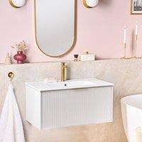 Wyld and Coco 80cm Wall-Mounted Vanity with White Ceramic Basin and Gold Handle