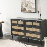 Wyld and Coco Boho Chest of Drawers Black MDF Six Drawers with Rattan Fronts