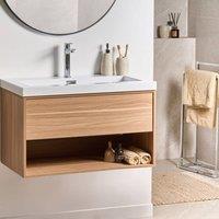Wyld and Coco Wall-Mounted Vanity Unit With Integrated Basin 80cm Light Brown Wood